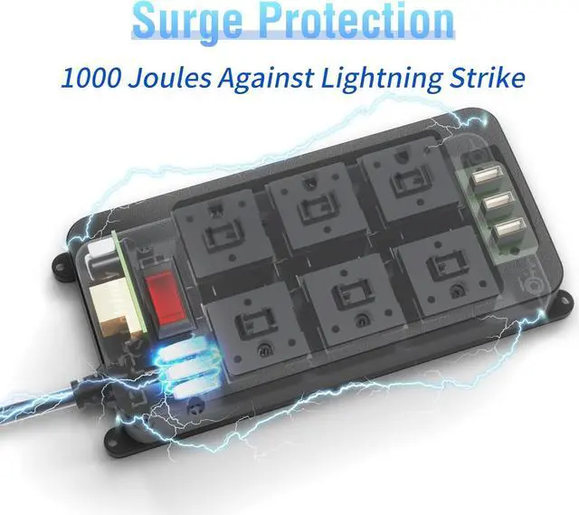 Alt view image 4 of 7 - Outdoor Power Strip Weatherproof, 6 Outlets Waterproof Surge Protector with 3 USB Ports, 6 FT Extension Cord, Shockproof Overload Protection, Wall Mountable for Home Office Patio Porch (Black)
