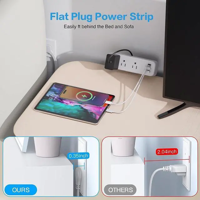 Alt view image 2 of 7 - 3 Outlet Desk Clamp Power Strip with USB C, White Flat Plug Desktop Edge Power Strip, Desk Mount Clamp Socket Connect 6.5 ft Thin Extension Cord for 1.6 inch Tables.