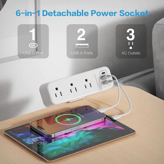 Alt view image 3 of 7 - 3 Outlet Desk Clamp Power Strip with USB C, White Flat Plug Desktop Edge Power Strip, Desk Mount Clamp Socket Connect 6.5 ft Thin Extension Cord for 1.6 inch Tables.