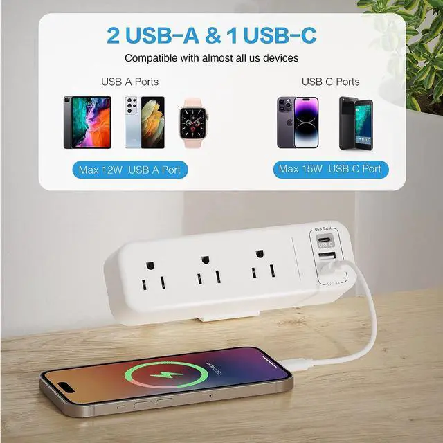 Alt view image 4 of 7 - 3 Outlet Desk Clamp Power Strip with USB C, White Flat Plug Desktop Edge Power Strip, Desk Mount Clamp Socket Connect 6.5 ft Thin Extension Cord for 1.6 inch Tables.