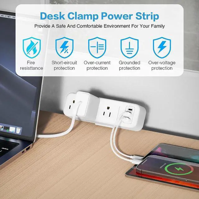 Alt view image 6 of 7 - 3 Outlet Desk Clamp Power Strip with USB C, White Flat Plug Desktop Edge Power Strip, Desk Mount Clamp Socket Connect 6.5 ft Thin Extension Cord for 1.6 inch Tables.