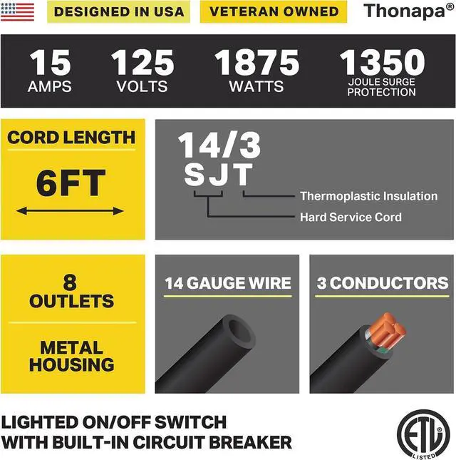 Alt view image 2 of 5 - Heavy Duty Surge Protector Power Strip 8 Outlets, 14/3 SJT 6 ft Heavy Duty Extension Cord 3 Prong, Industrial Power Strip Black & Yellow Metal Surge Suppressor, ETL Listed