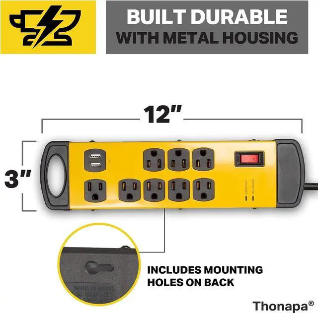 Alt view image 3 of 5 - Heavy Duty Surge Protector Power Strip 8 Outlets, 14/3 SJT 6 ft Heavy Duty Extension Cord 3 Prong, Industrial Power Strip Black & Yellow Metal Surge Suppressor, ETL Listed