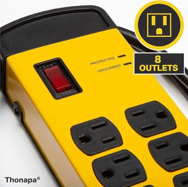 Alt view image 5 of 5 - Heavy Duty Surge Protector Power Strip 8 Outlets, 14/3 SJT 6 ft Heavy Duty Extension Cord 3 Prong, Industrial Power Strip Black & Yellow Metal Surge Suppressor, ETL Listed