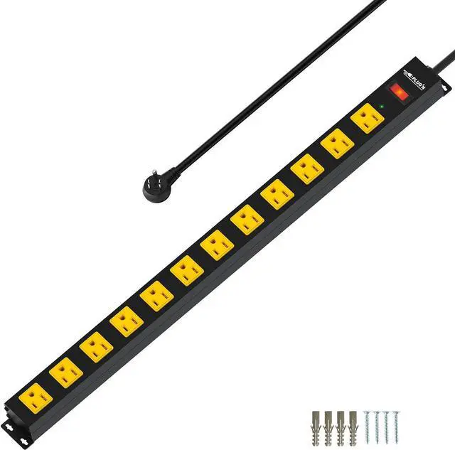 Main image of 12 Outlet Long Power Strip, 2100 Joules Surge Protector, 6FT Power Cord, Wide Spaced Outlet Power Bar, Overload Protection Switch, Industrial Heavy Duty for Work Bench, Shop, Garage