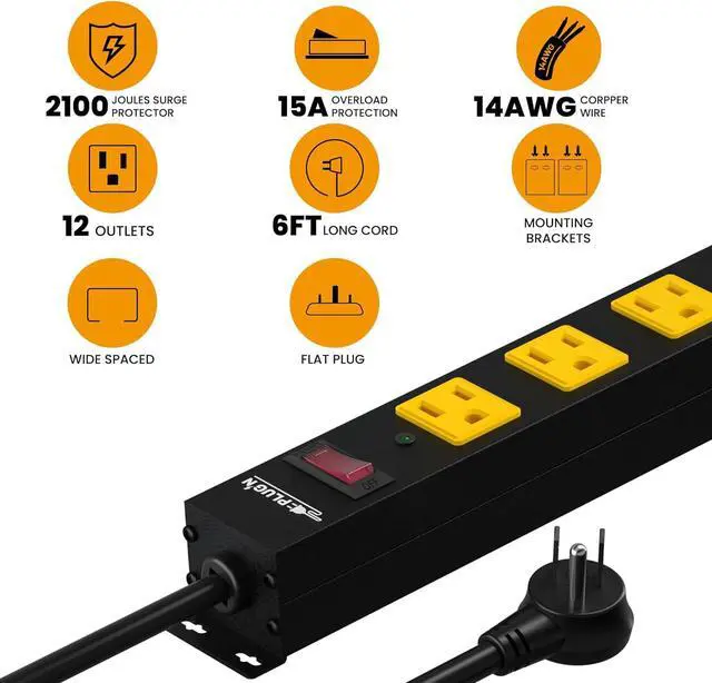 Alt view image 2 of 7 - 12 Outlet Long Power Strip, 2100 Joules Surge Protector, 6FT Power Cord, Wide Spaced Outlet Power Bar, Overload Protection Switch, Industrial Heavy Duty for Work Bench, Shop, Garage