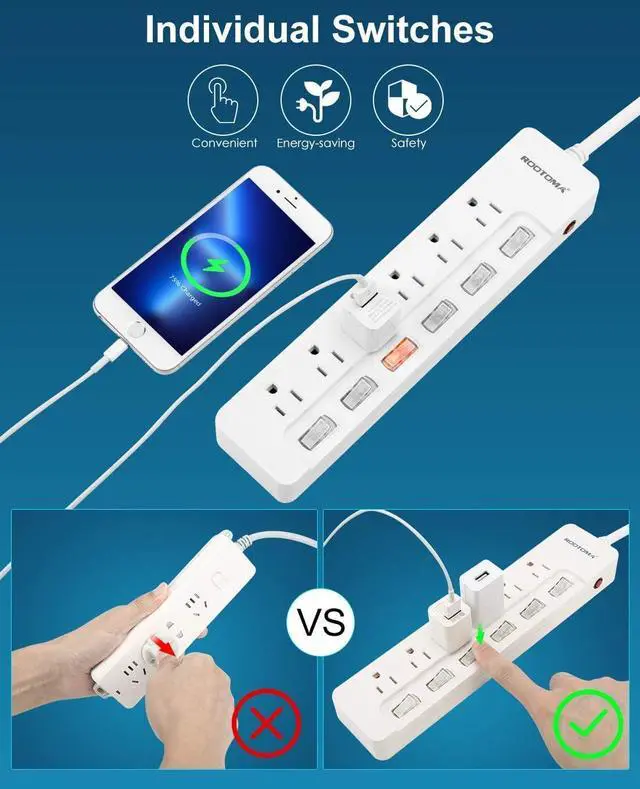 Alt view image 3 of 7 - Surge Protector Power Strip,Wall Mountable Power Strip, Flat Extension Cord 10ft, Individual Switches Electrical Outlet, for Office Accessories, College Dorm Room Essentials, White