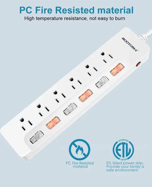 Alt view image 5 of 7 - Surge Protector Power Strip,Wall Mountable Power Strip, Flat Extension Cord 10ft, Individual Switches Electrical Outlet, for Office Accessories, College Dorm Room Essentials, White