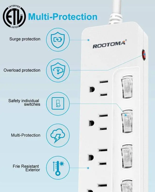Alt view image 2 of 7 - Surge Protector Power Strip,Wall Mountable Power Strip, Flat Extension Cord 10ft, Individual Switches Electrical Outlet, for Office Accessories, College Dorm Room Essentials, White