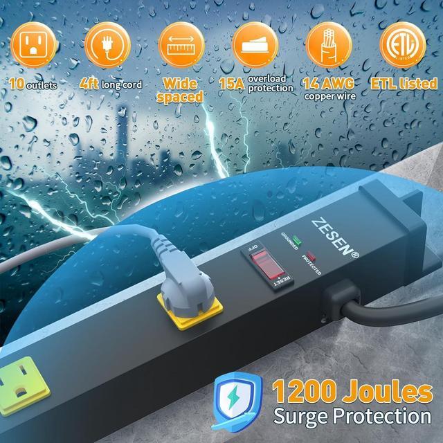 Alt view image 2 of 7 - 10 Outlet Heavy Duty Long Power Strip Surge Protector with 4ft Cord for Garage Workshop Workbench, ETL Certified, Black