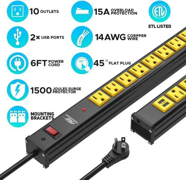 Alt view image 2 of 7 - CRST 10-Outlet Heavy Duty Power Strip Surge Protector with USB(3.4A) 6 Feet Extension Cord with Mounting Brackets 15A Circuit Breaker 1500 Joules