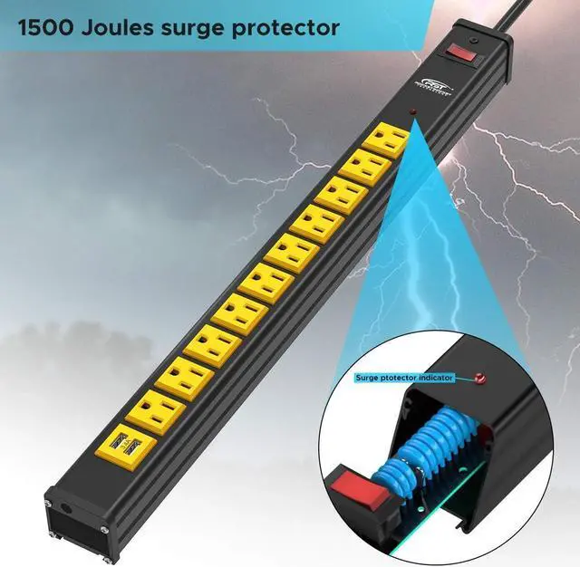 Alt view image 3 of 7 - CRST 10-Outlet Heavy Duty Power Strip Surge Protector with USB(3.4A) 6 Feet Extension Cord with Mounting Brackets 15A Circuit Breaker 1500 Joules