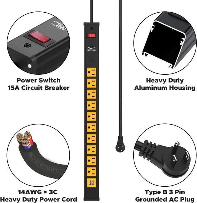 Alt view image 4 of 7 - CRST 10-Outlet Heavy Duty Power Strip Surge Protector with USB(3.4A) 6 Feet Extension Cord with Mounting Brackets 15A Circuit Breaker 1500 Joules