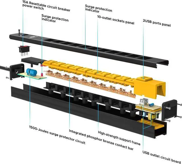 Alt view image 5 of 7 - CRST 10-Outlet Heavy Duty Power Strip Surge Protector with USB(3.4A) 6 Feet Extension Cord with Mounting Brackets 15A Circuit Breaker 1500 Joules