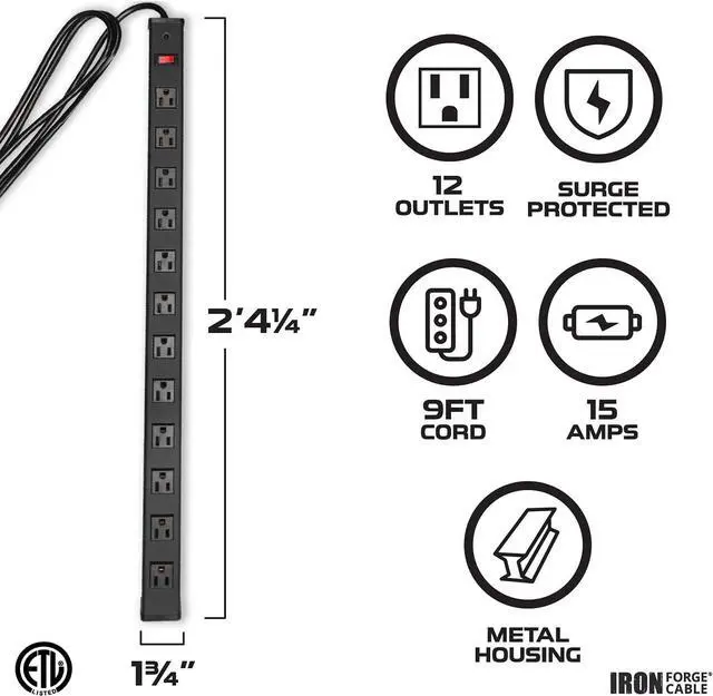 Alt view image 2 of 6 - Iron Forge Cable 12 Outlet Heavy Duty Surge Protector Power Strip with Built-in Circuit Breaker, 14/3 SJT Black & Yellow with 9 ft Extension Cord
