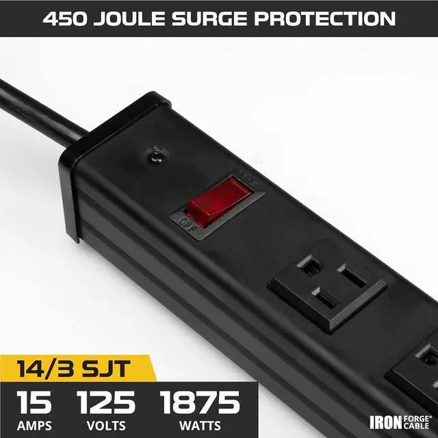Alt view image 4 of 6 - Iron Forge Cable 12 Outlet Heavy Duty Surge Protector Power Strip with Built-in Circuit Breaker, 14/3 SJT Black & Yellow with 9 ft Extension Cord
