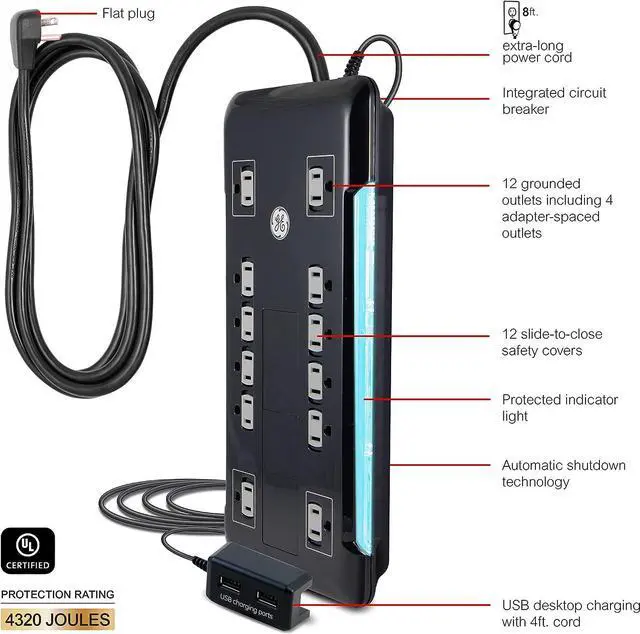 Alt view image 2 of 7 - GE UltraPro 12 Outlet Surge Protector, Tethered 2 USB Ports, 8 Ft Power Cord, 4320 Joules, Flat Plug, Power Filter, Circuit Breaker, Warranty, UL Listed, Black, 11824