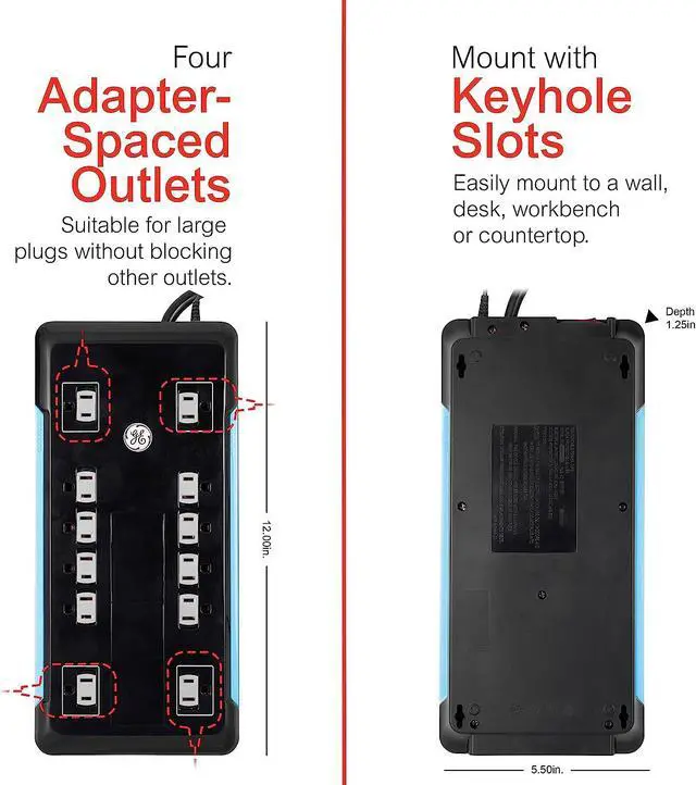 Alt view image 5 of 7 - GE UltraPro 12 Outlet Surge Protector, Tethered 2 USB Ports, 8 Ft Power Cord, 4320 Joules, Flat Plug, Power Filter, Circuit Breaker, Warranty, UL Listed, Black, 11824