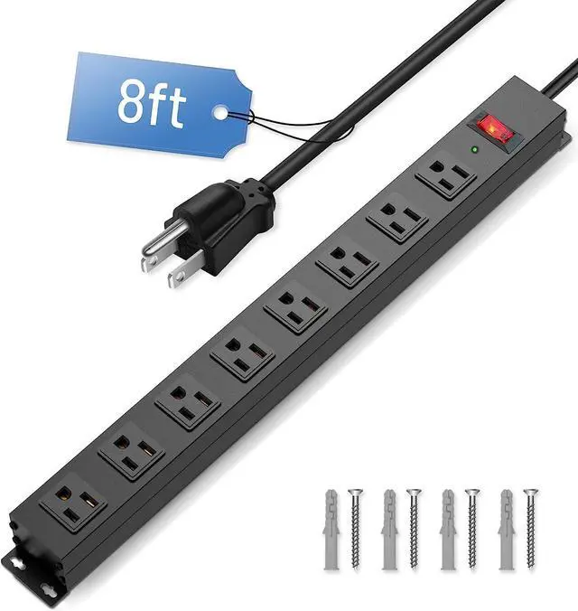 Alt view image 2 of 7 - 8 Outlet Power Strip Surge Protector, 8 Feet Metal Power Strip Heavy Duty with Switch for Home Office School Shop Garage, Wall Mount with Screw, 2100J 15A 125V 1875W, 14AWG, SGS Listed, Black