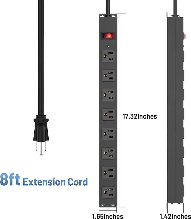 Alt view image 7 of 7 - 8 Outlet Power Strip Surge Protector, 8 Feet Metal Power Strip Heavy Duty with Switch for Home Office School Shop Garage, Wall Mount with Screw, 2100J 15A 125V 1875W, 14AWG, SGS Listed, Black