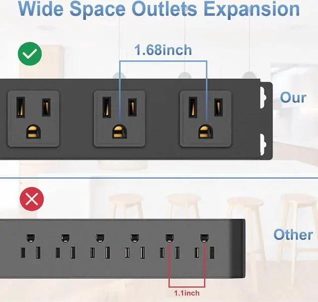 Alt view image 3 of 7 - 8 Outlet Power Strip Surge Protector, 6 Feet Metal Power Strip Heavy Duty with Switch for Home Office School Shop Garage, Wall Mount with Screw, 2100J 15A 125V 1875W, 14AWG, SGS Listed, Black