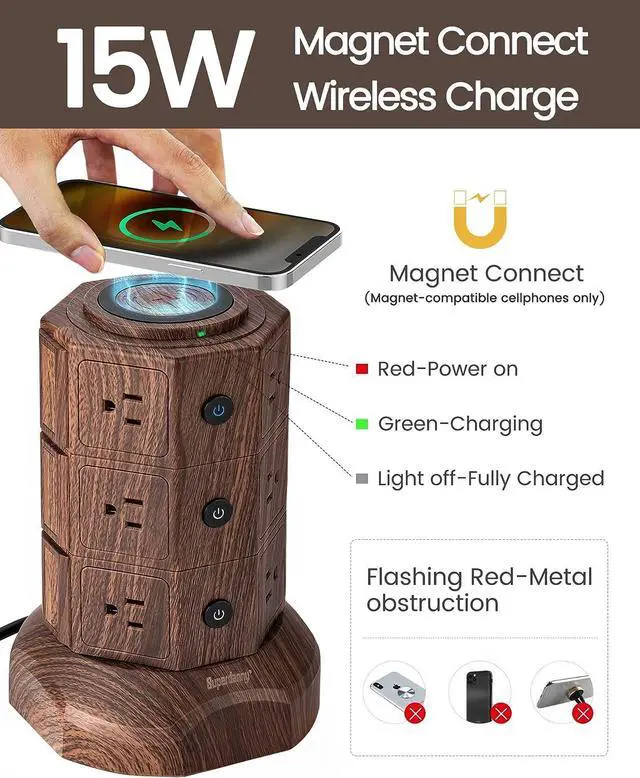 Alt view image 2 of 7 - SUPERDANNY Surge Protector Tower with 10W Wireless Charger, Power Strip Tower Vertical Charging Station with 10 AC Outlets+4 USB Slots and 6.5ft Extension Cord for Home Office Garage, Deep Wood Grain