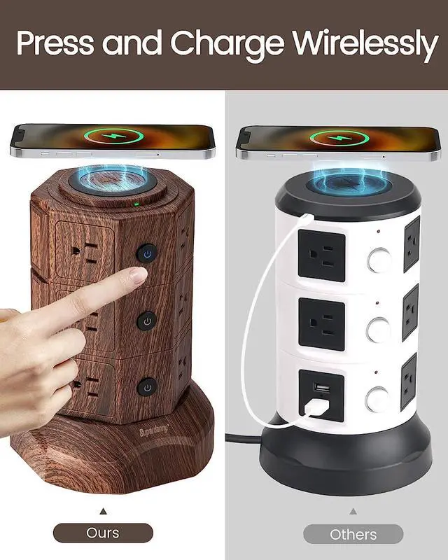 Alt view image 3 of 7 - SUPERDANNY Surge Protector Tower with 10W Wireless Charger, Power Strip Tower Vertical Charging Station with 10 AC Outlets+4 USB Slots and 6.5ft Extension Cord for Home Office Garage, Deep Wood Grain