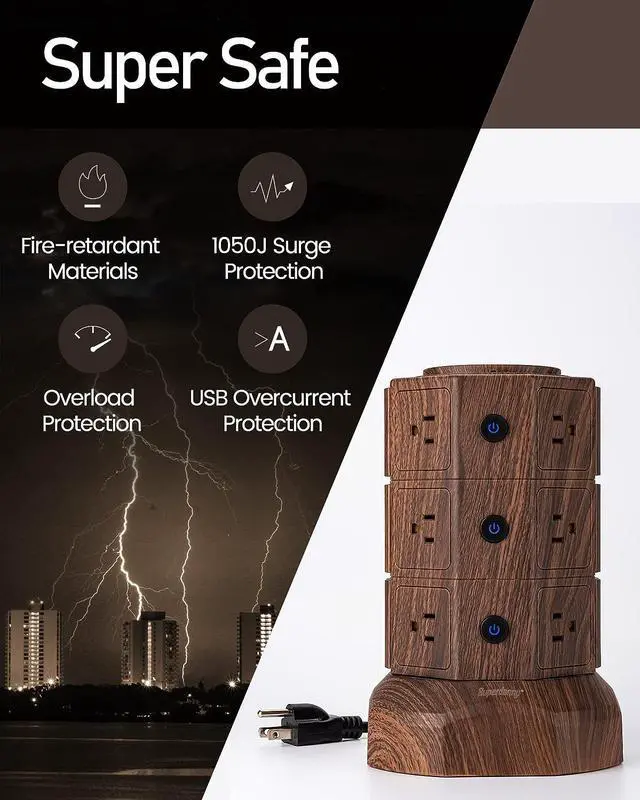 Alt view image 5 of 7 - SUPERDANNY Surge Protector Tower with 10W Wireless Charger, Power Strip Tower Vertical Charging Station with 10 AC Outlets+4 USB Slots and 6.5ft Extension Cord for Home Office Garage, Deep Wood Grain