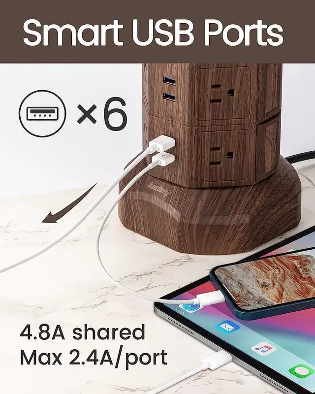 Alt view image 4 of 7 - SUPERDANNY Surge Protector Tower with 10W Wireless Charger, Power Strip Tower Vertical Charging Station with 10 AC Outlets+4 USB Slots and 6.5ft Extension Cord for Home Office Garage, Deep Wood Grain