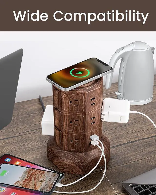 Alt view image 6 of 7 - SUPERDANNY Surge Protector Tower with 10W Wireless Charger, Power Strip Tower Vertical Charging Station with 10 AC Outlets+4 USB Slots and 6.5ft Extension Cord for Home Office Garage, Deep Wood Grain