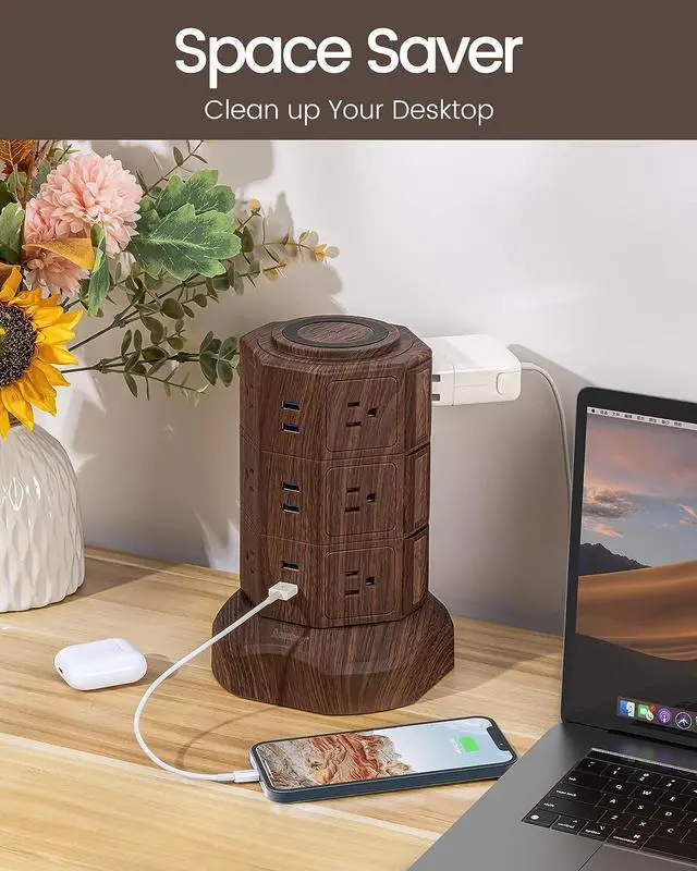 Alt view image 7 of 7 - SUPERDANNY Surge Protector Tower with 10W Wireless Charger, Power Strip Tower Vertical Charging Station with 10 AC Outlets+4 USB Slots and 6.5ft Extension Cord for Home Office Garage, Deep Wood Grain