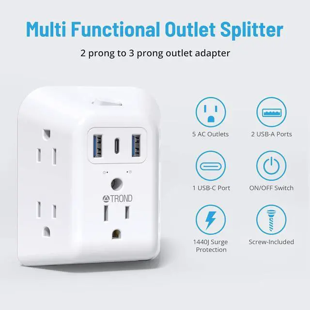 Alt view image 2 of 7 - TROND 2 Prong Power Strip USB, 2 to 3 Prong Outlet Adapter, 5 Outlet Splitter with 3 USB Ports(1 USB C), Wall Mount 1440J Surge Protector with ON/OFF, Polarized Plug, for Non-Grounded Outlet Old House
