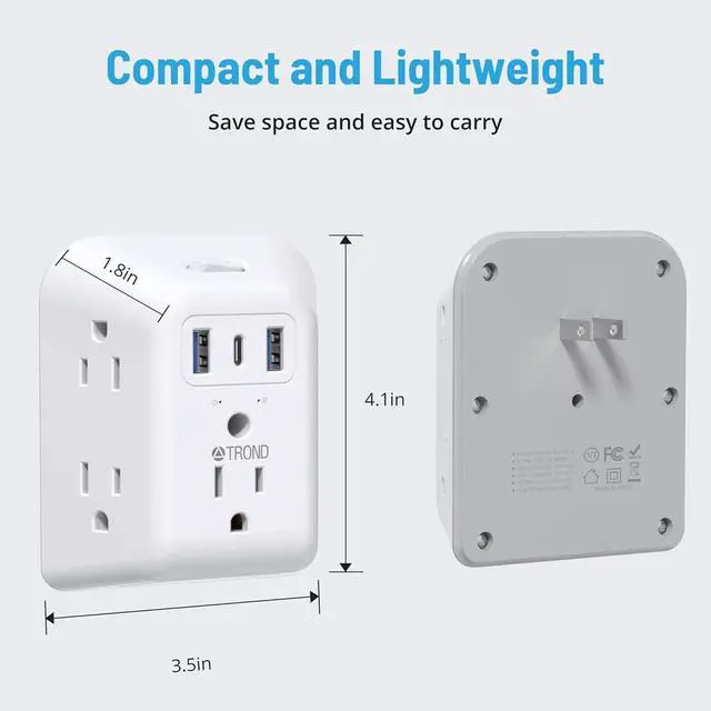 Alt view image 7 of 7 - TROND 2 Prong Power Strip USB, 2 to 3 Prong Outlet Adapter, 5 Outlet Splitter with 3 USB Ports(1 USB C), Wall Mount 1440J Surge Protector with ON/OFF, Polarized Plug, for Non-Grounded Outlet Old House