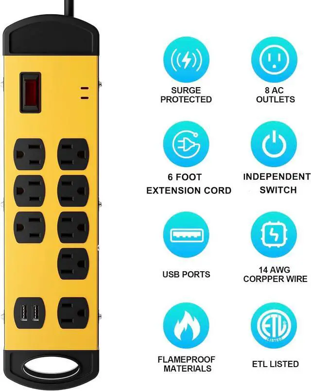 Alt view image 2 of 6 - Oviitech 8 Outlets Mountable Heavy Duty Surge Protector Metal Power Strip with 2 USB Charging Ports(2.4A),1800 Joules with 6 Foot Long Extension Cord, Yellow&Black,ETL Listed