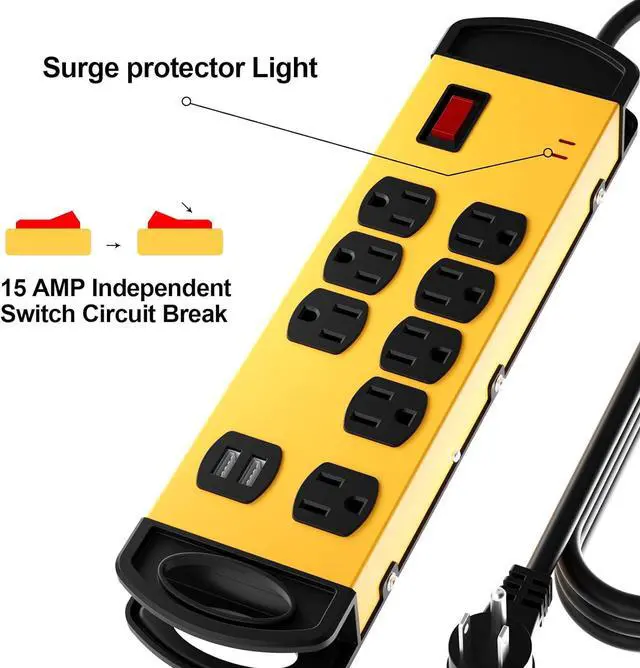 Alt view image 3 of 6 - Oviitech 8 Outlets Mountable Heavy Duty Surge Protector Metal Power Strip with 2 USB Charging Ports(2.4A),1800 Joules with 6 Foot Long Extension Cord, Yellow&Black,ETL Listed