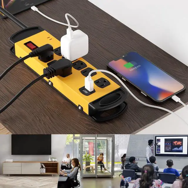 Alt view image 5 of 6 - Oviitech 8 Outlets Mountable Heavy Duty Surge Protector Metal Power Strip with 2 USB Charging Ports(2.4A),1800 Joules with 6 Foot Long Extension Cord, Yellow&Black,ETL Listed