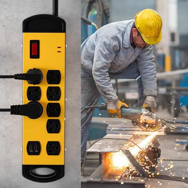 Alt view image 6 of 6 - Oviitech 8 Outlets Mountable Heavy Duty Surge Protector Metal Power Strip with 2 USB Charging Ports(2.4A),1800 Joules with 6 Foot Long Extension Cord, Yellow&Black,ETL Listed