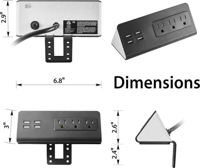 Alt view image 7 of 7 - Desk Edge Mount Power Strips with USB Ports-UL Plug Outlets 1250 Joulets Surge Protector Tabletop Power Sockets for Nightstand/Home Office/Dormitory 4 USB Ports & 3AC Outlets
