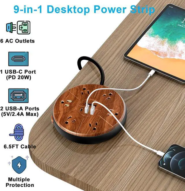Alt view image 2 of 7 - Power Strip with USB, PD 20W USB-C Charging, 6.5 FT Extension Cord with 6 Outlets, 1 USB-C, 2 USB-A, TOPREK Power Strip Surge Protector, Wood Finish Desk Charging Station for Home, Office, Dorm