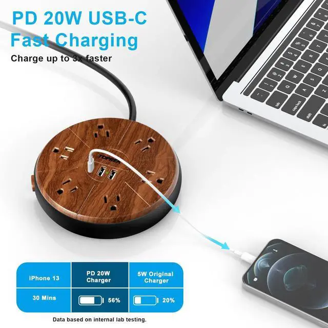 Alt view image 3 of 7 - Power Strip with USB, PD 20W USB-C Charging, 6.5 FT Extension Cord with 6 Outlets, 1 USB-C, 2 USB-A, TOPREK Power Strip Surge Protector, Wood Finish Desk Charging Station for Home, Office, Dorm