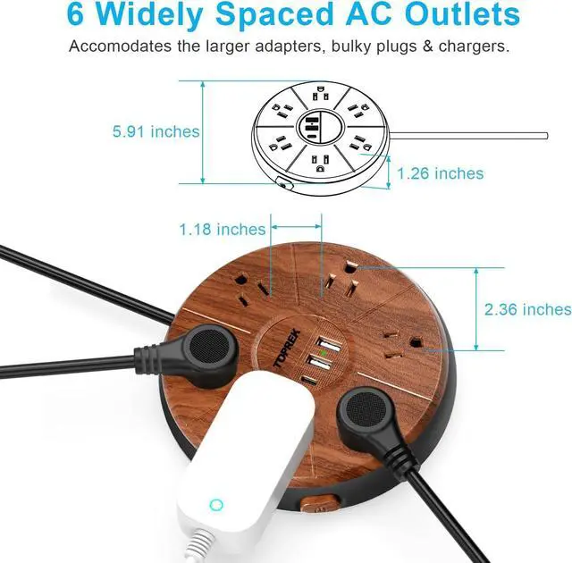 Alt view image 4 of 7 - Power Strip with USB, PD 20W USB-C Charging, 6.5 FT Extension Cord with 6 Outlets, 1 USB-C, 2 USB-A, TOPREK Power Strip Surge Protector, Wood Finish Desk Charging Station for Home, Office, Dorm