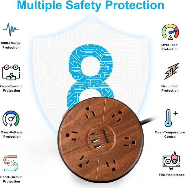 Alt view image 5 of 7 - Power Strip with USB, PD 20W USB-C Charging, 6.5 FT Extension Cord with 6 Outlets, 1 USB-C, 2 USB-A, TOPREK Power Strip Surge Protector, Wood Finish Desk Charging Station for Home, Office, Dorm