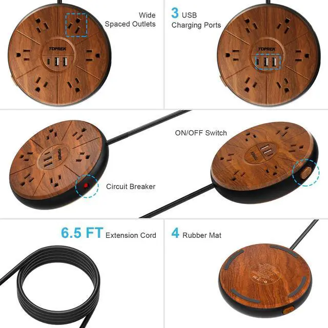 Alt view image 6 of 7 - Power Strip with USB, PD 20W USB-C Charging, 6.5 FT Extension Cord with 6 Outlets, 1 USB-C, 2 USB-A, TOPREK Power Strip Surge Protector, Wood Finish Desk Charging Station for Home, Office, Dorm