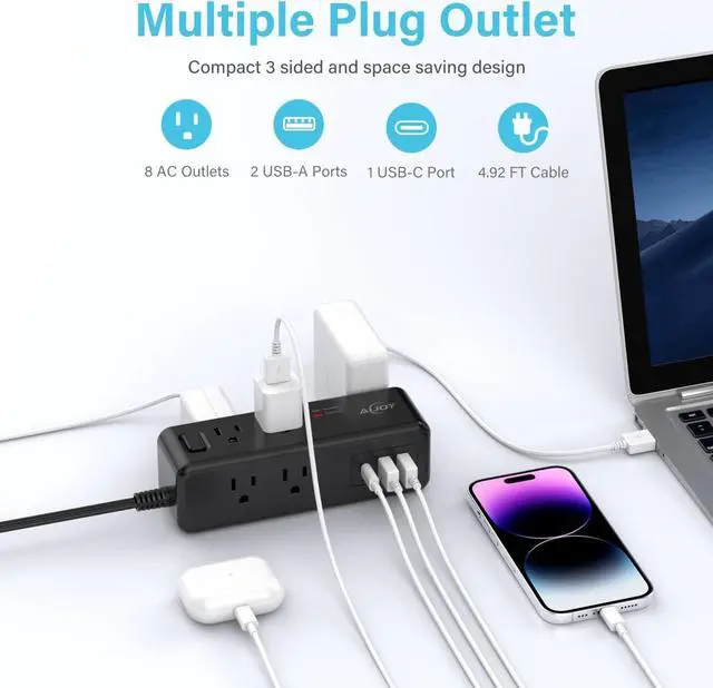 Alt view image 2 of 7 - Power Strip Surge Protector, 5 FT Extension Cord with 8 AC Ports and 3 USB Ports (1 USB C), 3-Side Outlet Extender Strip, Flat Plug, Wall Mount, Small Power Strip for Travel Office Dorm Home