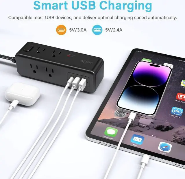 Alt view image 3 of 7 - Power Strip Surge Protector, 5 FT Extension Cord with 8 AC Ports and 3 USB Ports (1 USB C), 3-Side Outlet Extender Strip, Flat Plug, Wall Mount, Small Power Strip for Travel Office Dorm Home