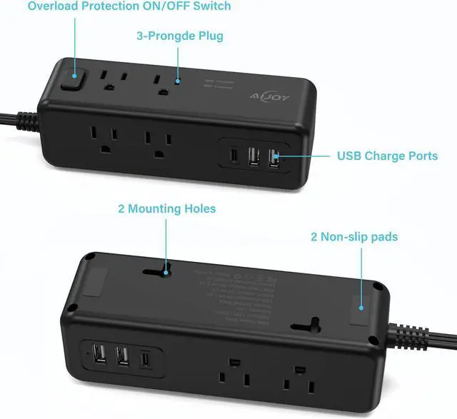 Alt view image 7 of 7 - Power Strip Surge Protector, 5 FT Extension Cord with 8 AC Ports and 3 USB Ports (1 USB C), 3-Side Outlet Extender Strip, Flat Plug, Wall Mount, Small Power Strip for Travel Office Dorm Home