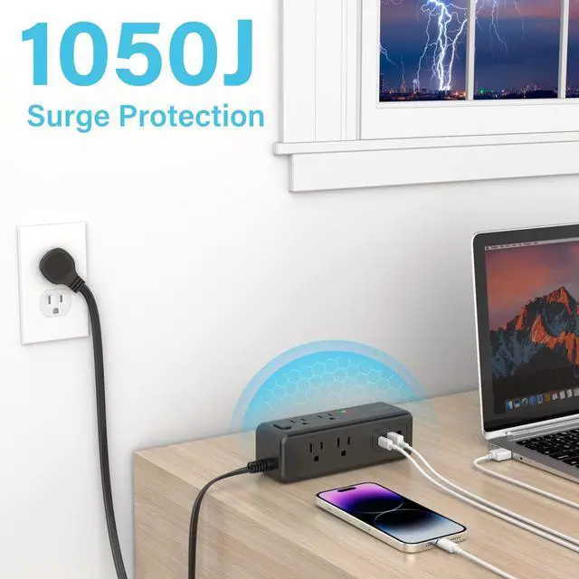 Alt view image 6 of 7 - Power Strip Surge Protector, 5 FT Extension Cord with 8 AC Ports and 3 USB Ports (1 USB C), 3-Side Outlet Extender Strip, Flat Plug, Wall Mount, Small Power Strip for Travel Office Dorm Home
