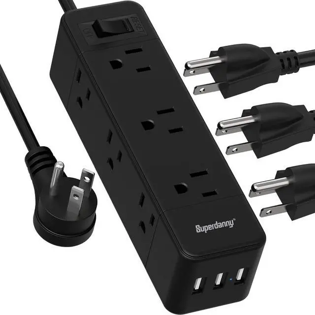 Main image of Power Strip Surge Protector, 9 Widely Spaced Outlets with 3 USB Ports, 3 Side Outlet Extender with 6.5 Ft Extension Cord, 1050 Joules, Flat Plug, Wall Mount Charging Station for Home Office Dorm Black