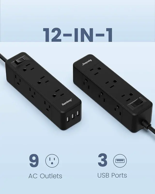 Alt view image 2 of 7 - Power Strip Surge Protector, 9 Widely Spaced Outlets with 3 USB Ports, 3 Side Outlet Extender with 6.5 Ft Extension Cord, 1050 Joules, Flat Plug, Wall Mount Charging Station for Home Office Dorm Black