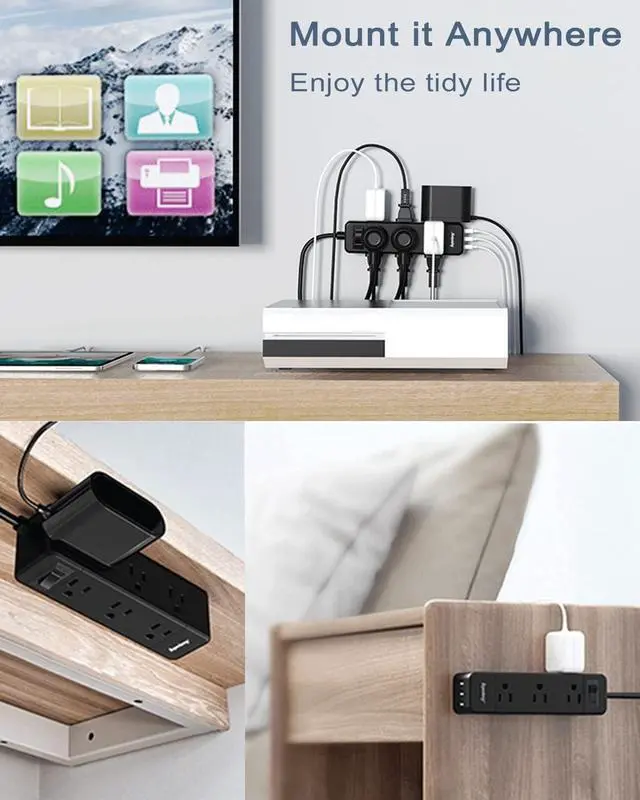 Alt view image 5 of 7 - Power Strip Surge Protector, 9 Widely Spaced Outlets with 3 USB Ports, 3 Side Outlet Extender with 6.5 Ft Extension Cord, 1050 Joules, Flat Plug, Wall Mount Charging Station for Home Office Dorm Black